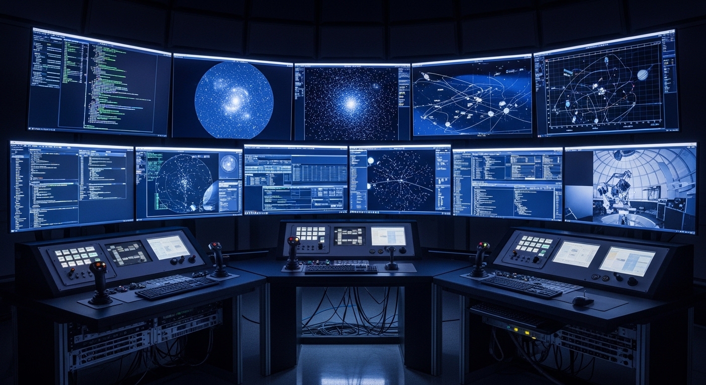 Telescope control room with orbital data on screens