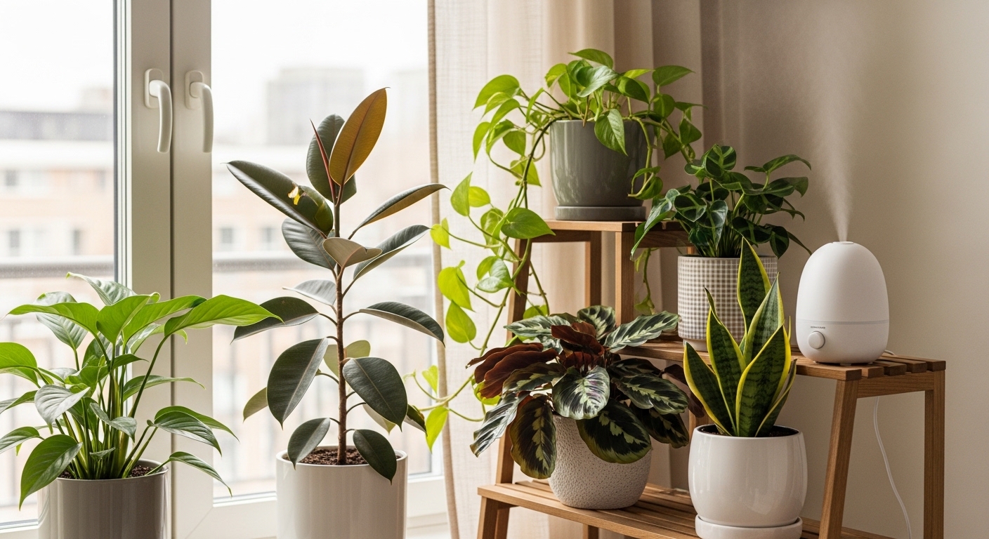Vibrant houseplant shelf with humidifier in bright Scandinavian apartment