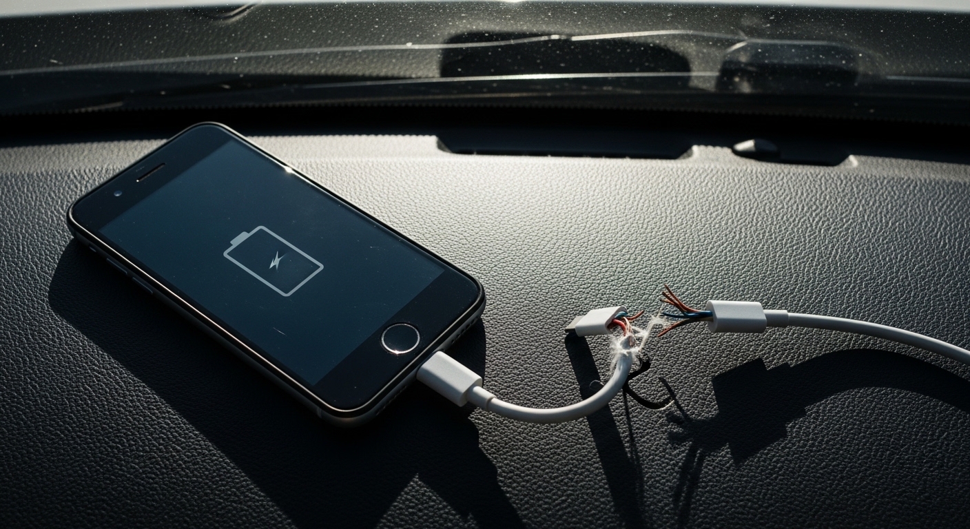 Phone near hot car dashboard with damaged cable