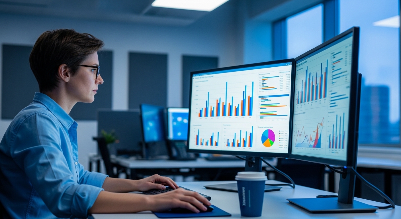 Data analyst reviewing flight occupancy charts on monitors
