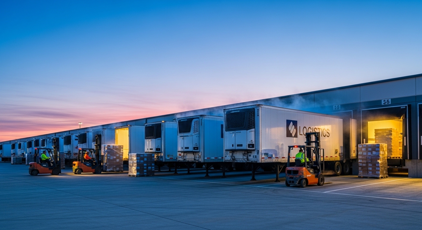 Refrigerated trucks loading at distribution center at dawn