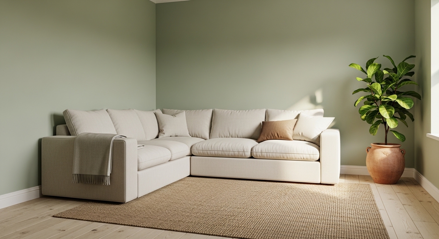 Sage green living room with cream linen sectional and natural decor