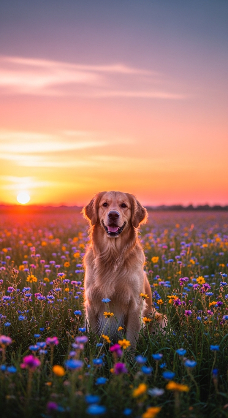 golden retriever sitting in wildflower field at golden sunset