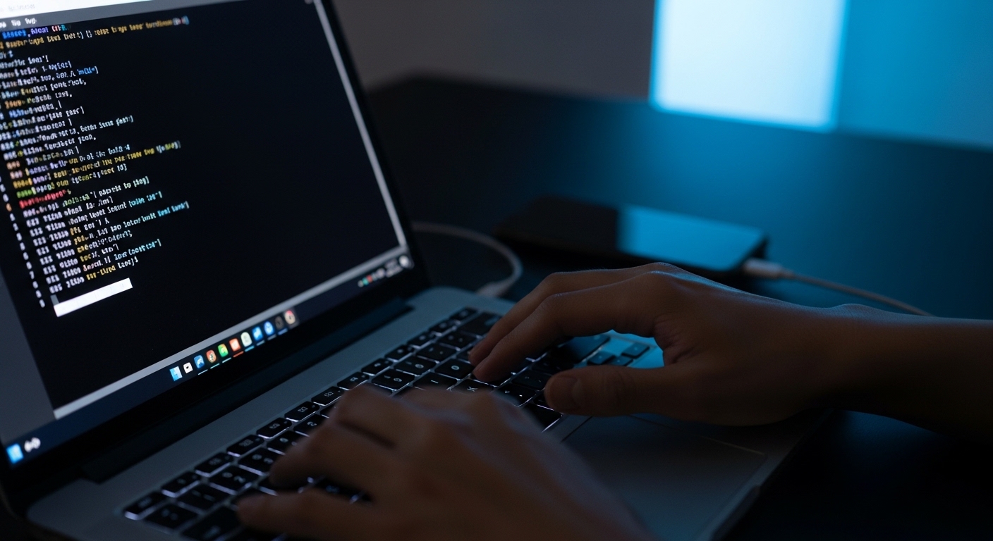 Hands typing code on laptop connected to smartphone