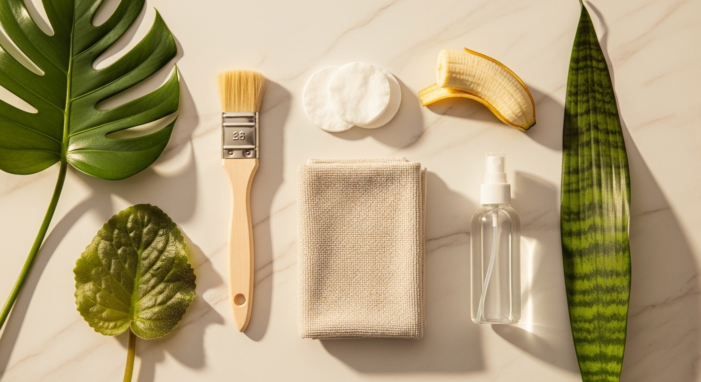 Leaf cleaning tools arranged on marble surface with plant leaves