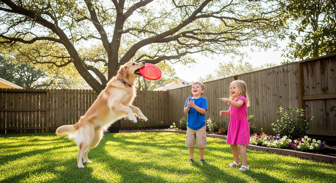 golden retriever playing frisbee with laughing children in backyard