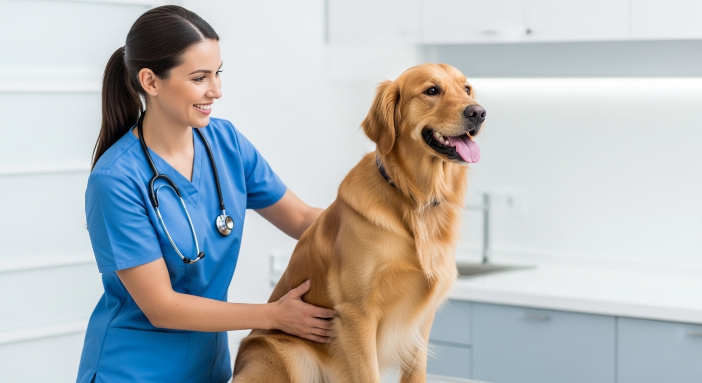 golden retriever being examined by veterinarian in bright clinic