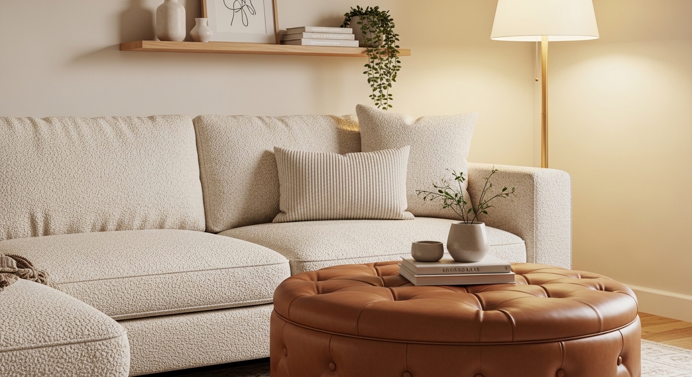 Cream sectional sofa with storage ottoman and floating shelf decor