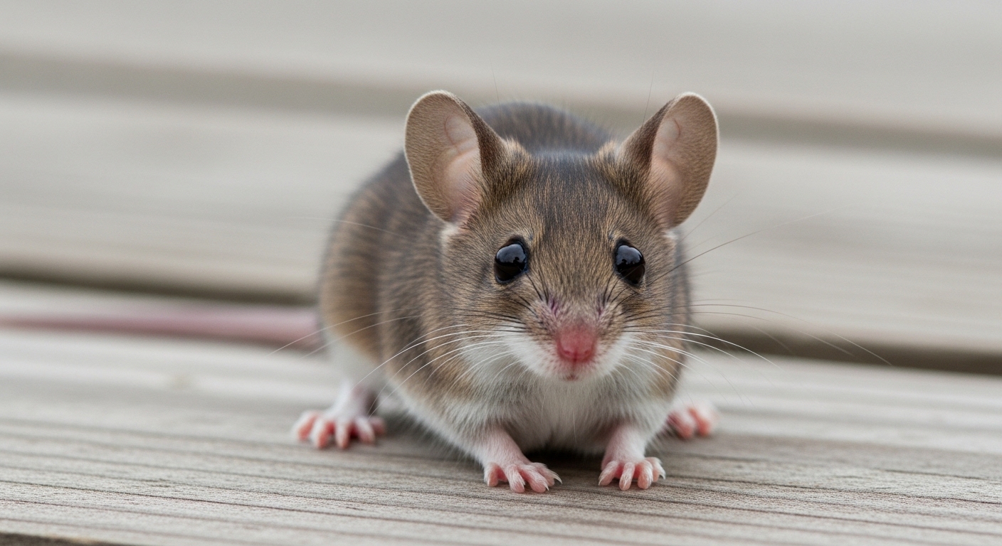 Deer mouse close-up on wooden surface in daylight