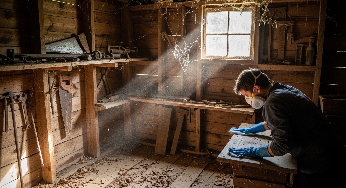 Person in protective gear cleaning dusty old shed