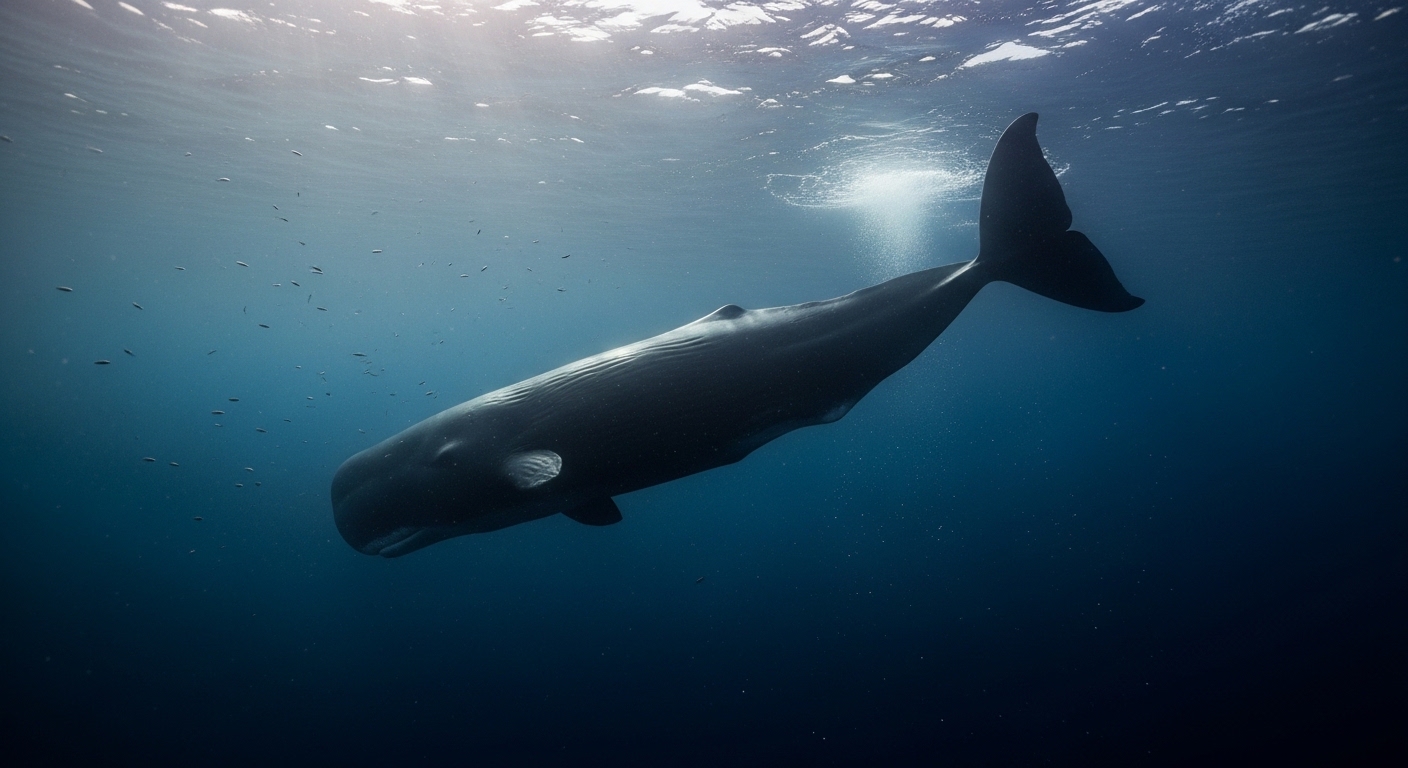 Sperm whale diving into deep dark ocean