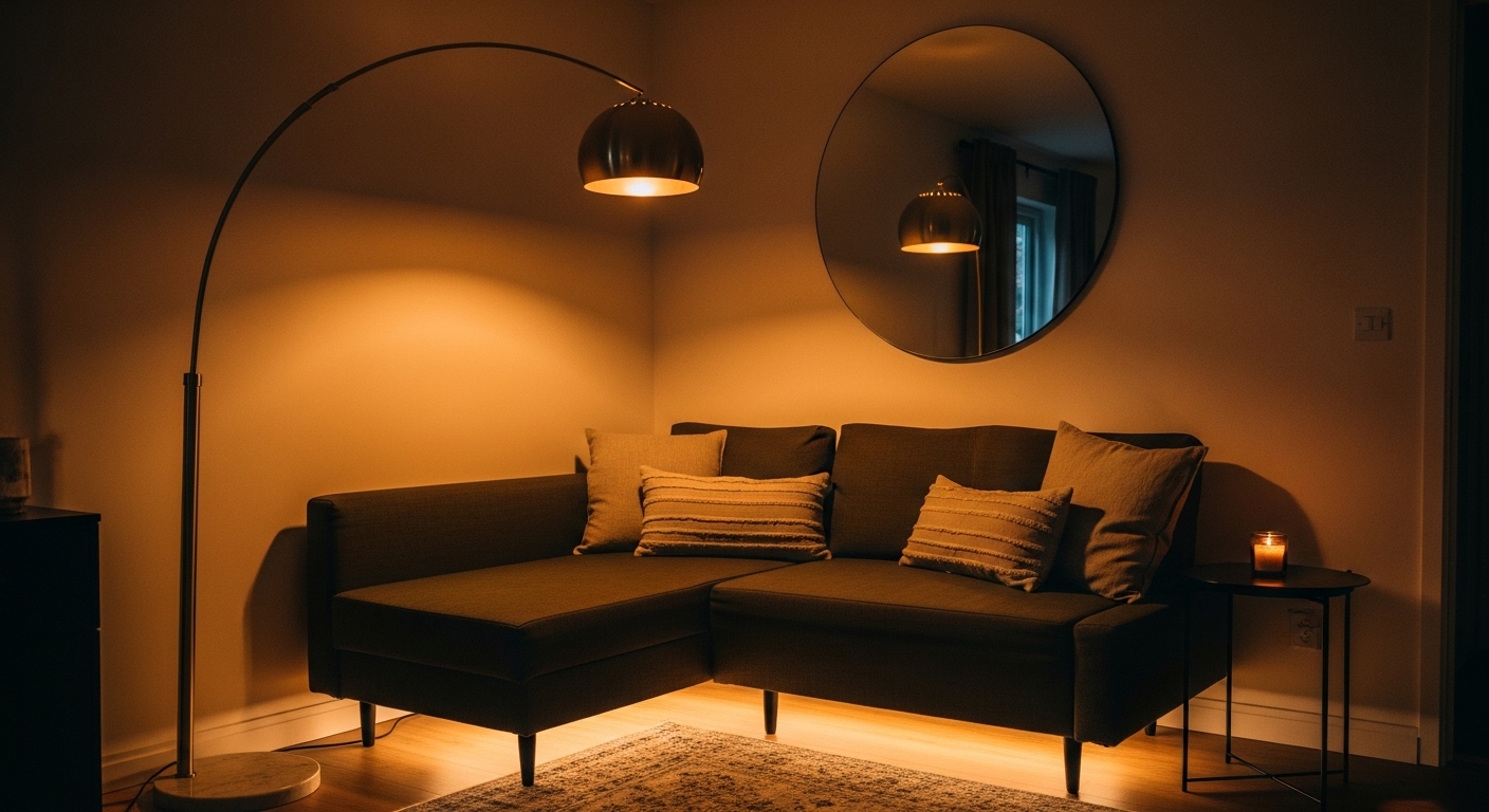 Small living room with arc floor lamp and mirror creating warm ambiance