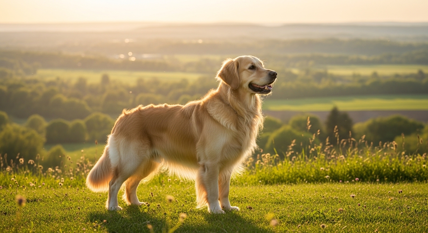 adult golden retriever standing on a sunlit green hillside