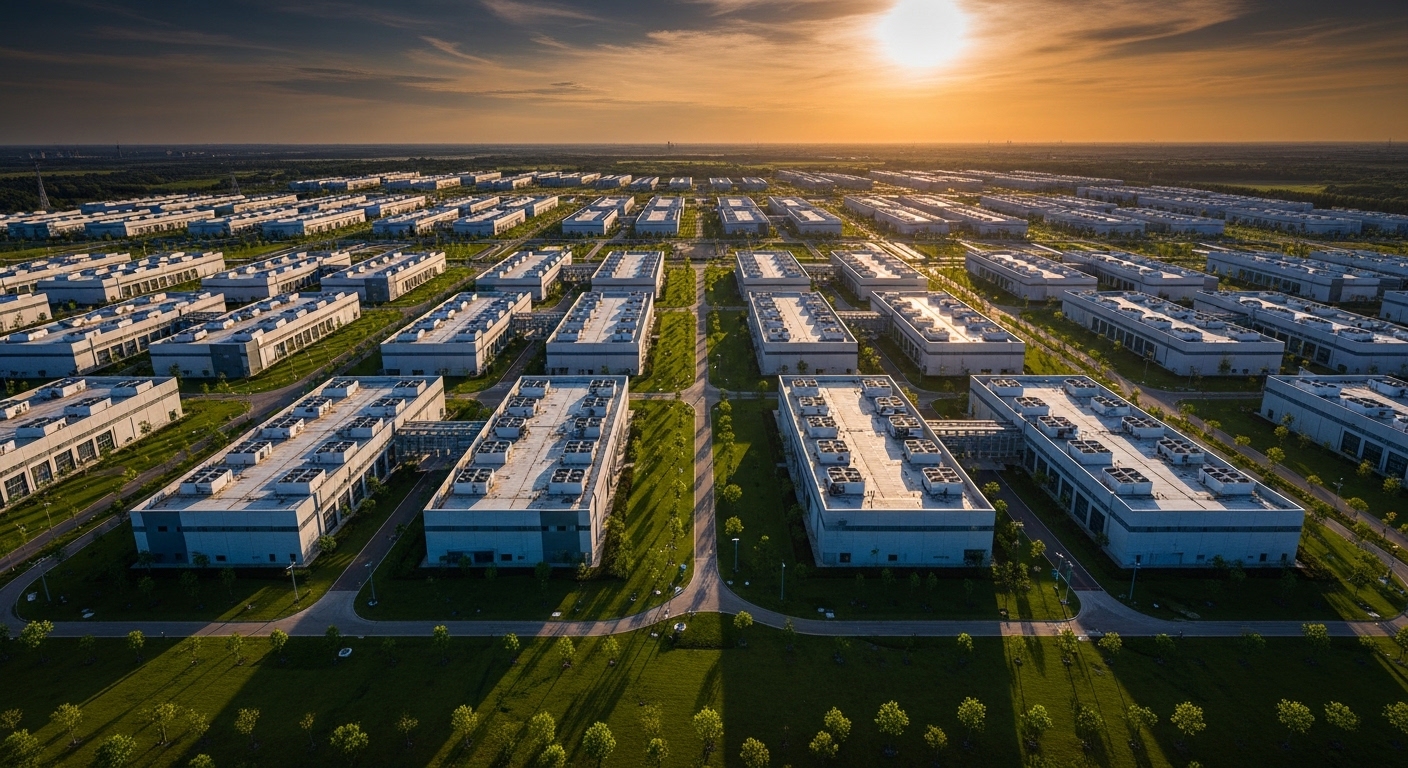 Aerial view of a large data center campus at dusk