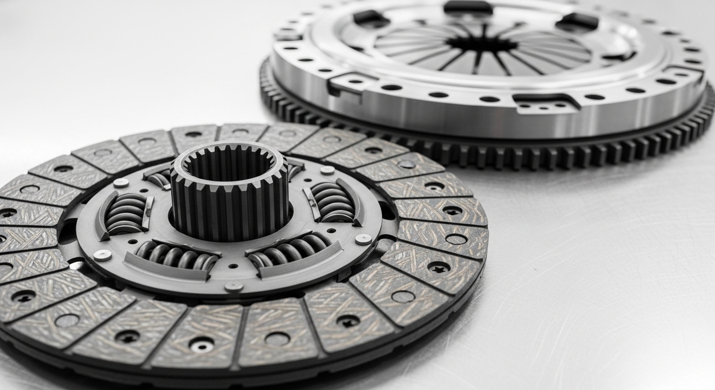 Clutch disc and flywheel assembly on workshop surface