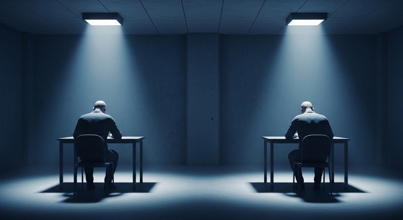 Two figures in separate interrogation rooms facing a dilemma