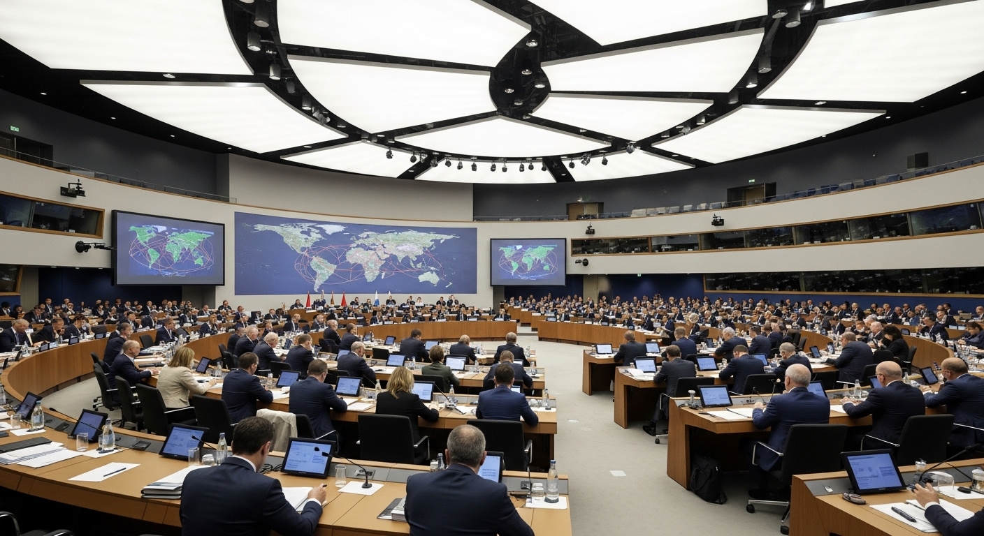 Delegates seated at an international negotiation conference