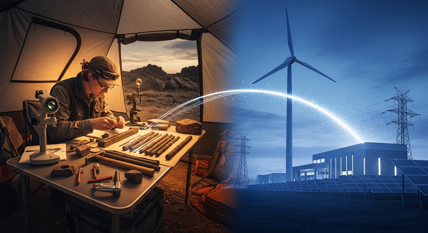 Geologist with rock samples alongside a clean energy facility