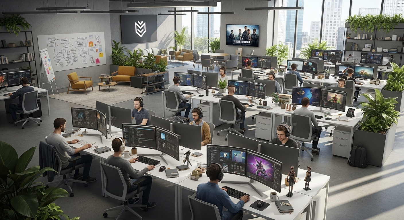 Game developers working in a modern studio