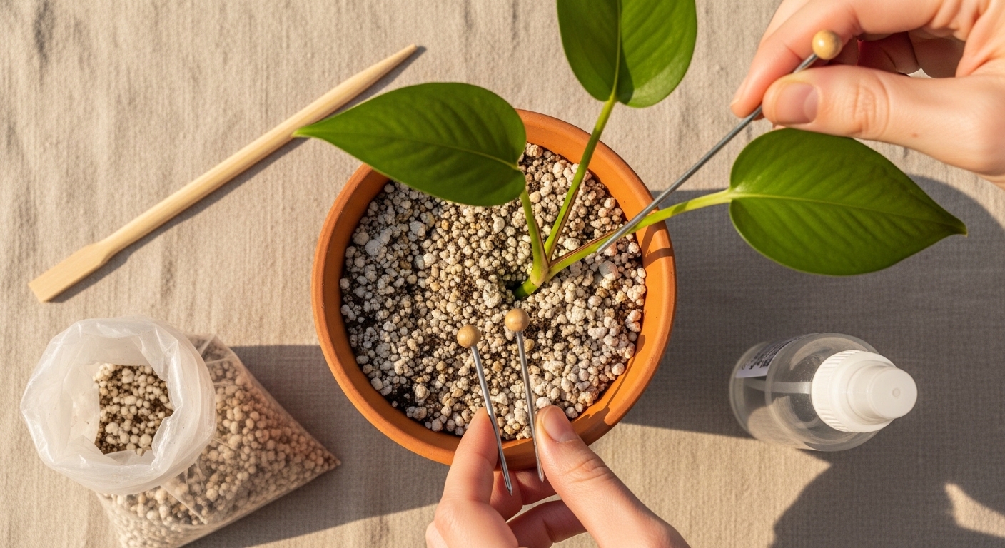 Hand inserting pothos cutting node-down into a perlite propagation mix
