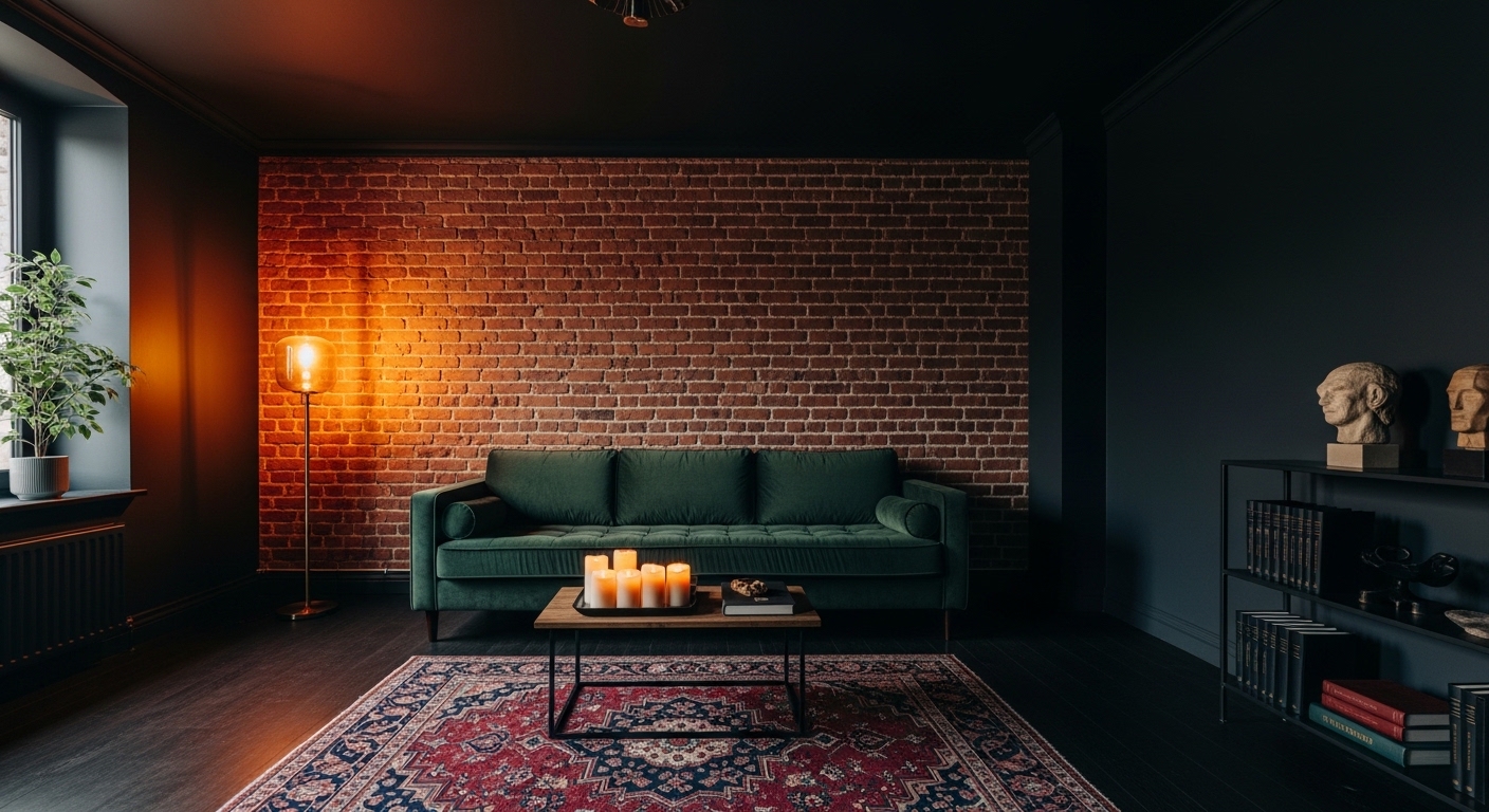 Dark moody living room with exposed brick wall and green velvet sofa.
