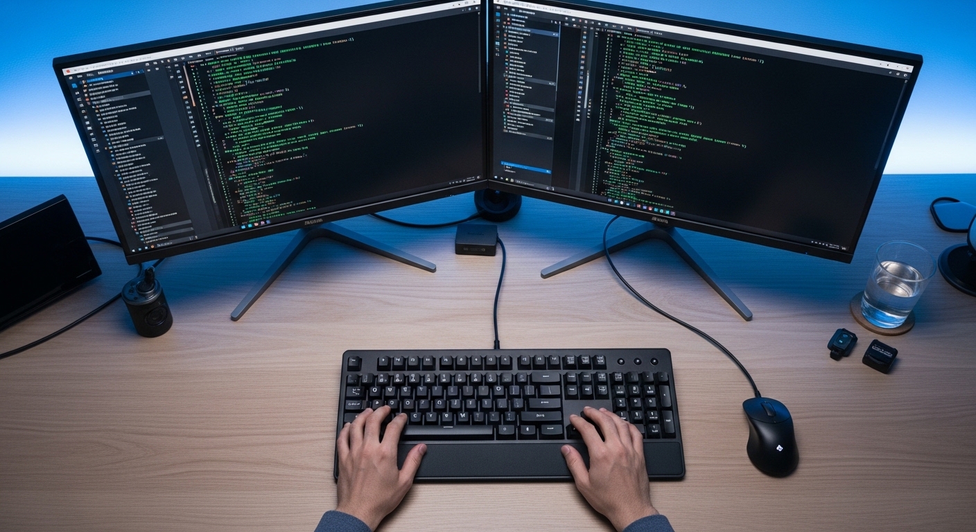Person typing on keyboard with Linux terminal on dual monitors