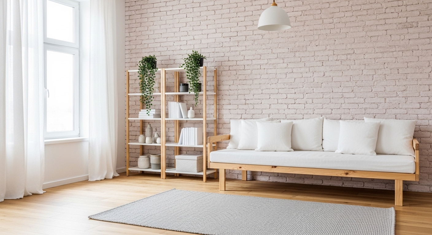 Scandinavian living room with pale exposed brick and birch wood furniture.