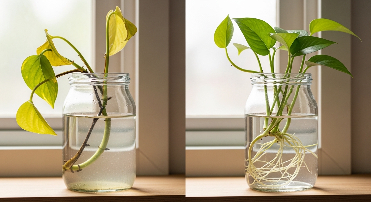 Side-by-side comparison of failing and thriving pothos water cuttings