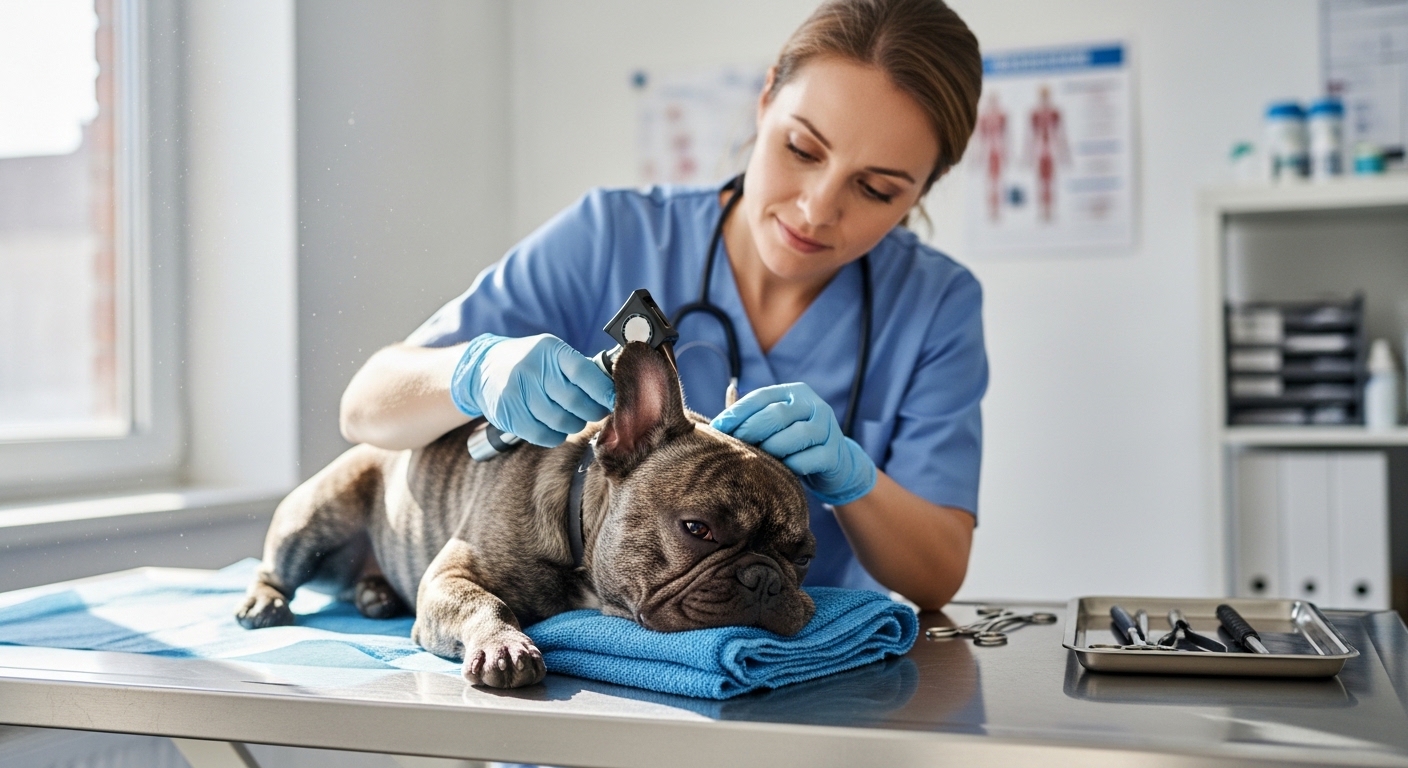 French Bulldog resting on vet table during gentle ear examination
