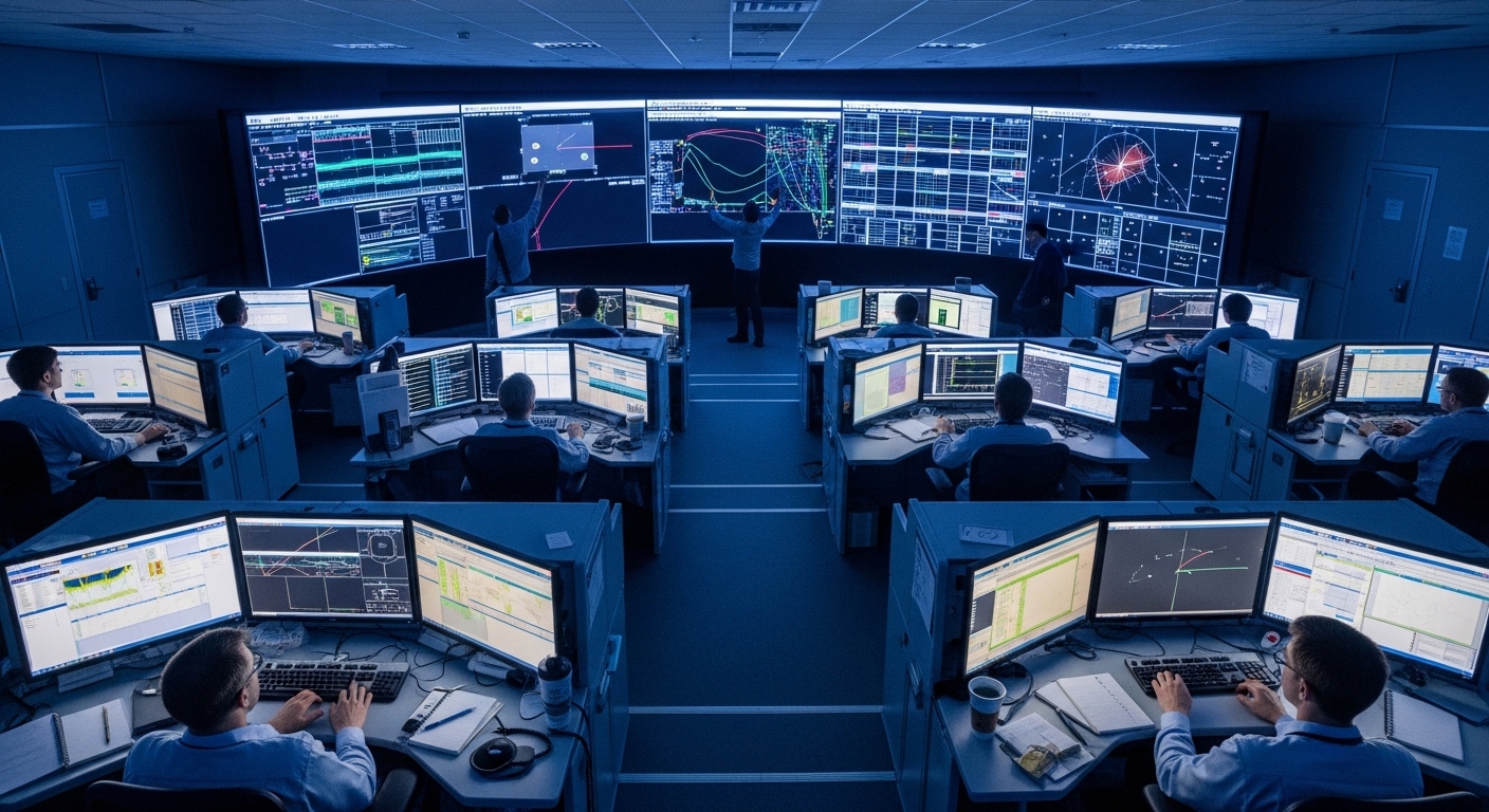 Engineers monitoring spacecraft power systems in mission control