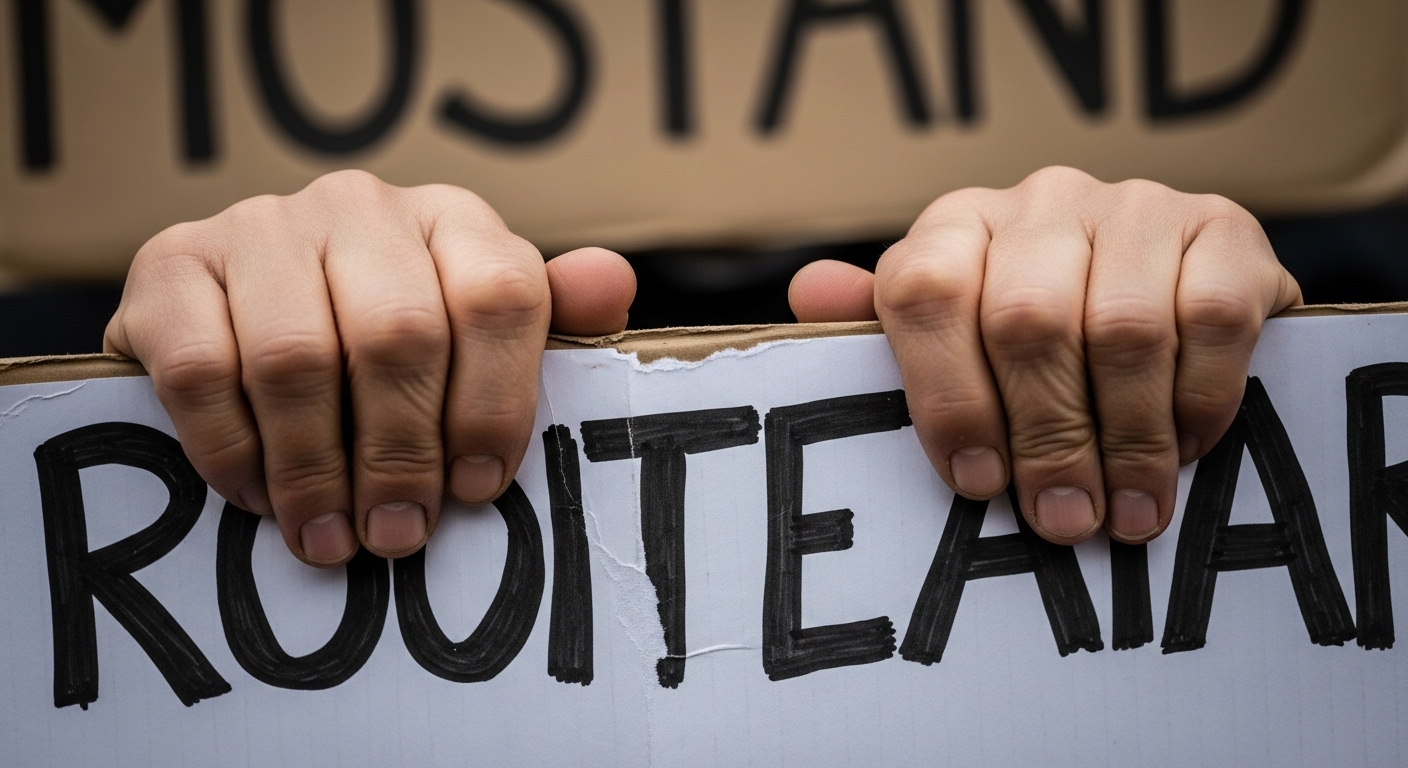 Close-up of hands holding a strike protest sign