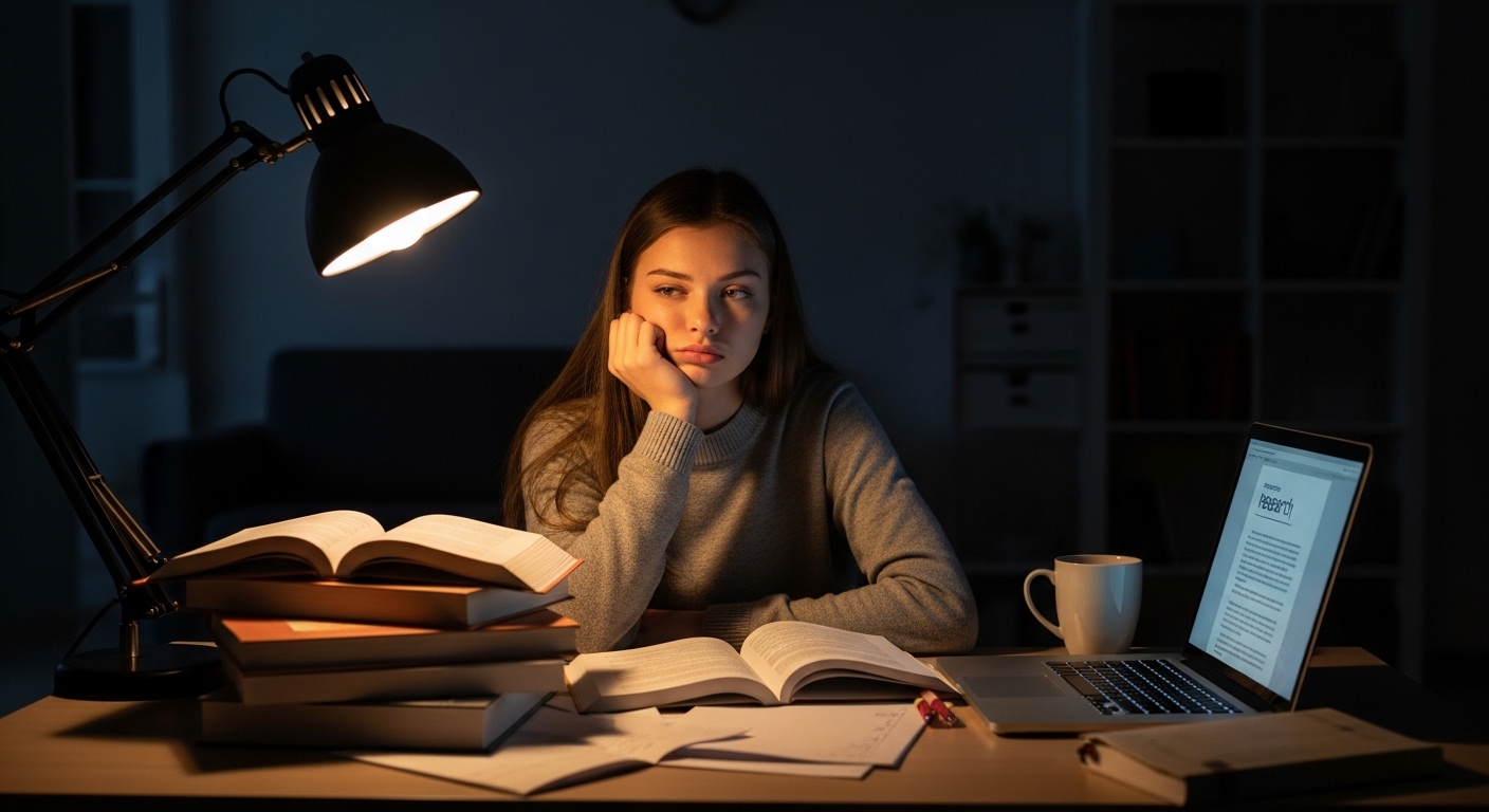 Teenager studying late at night under lamp light