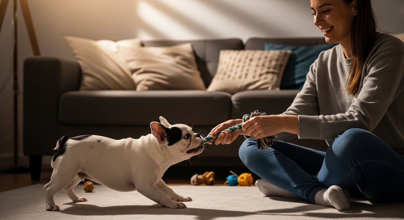 pied French Bulldog puppy playing tug-of-war with young woman indoors