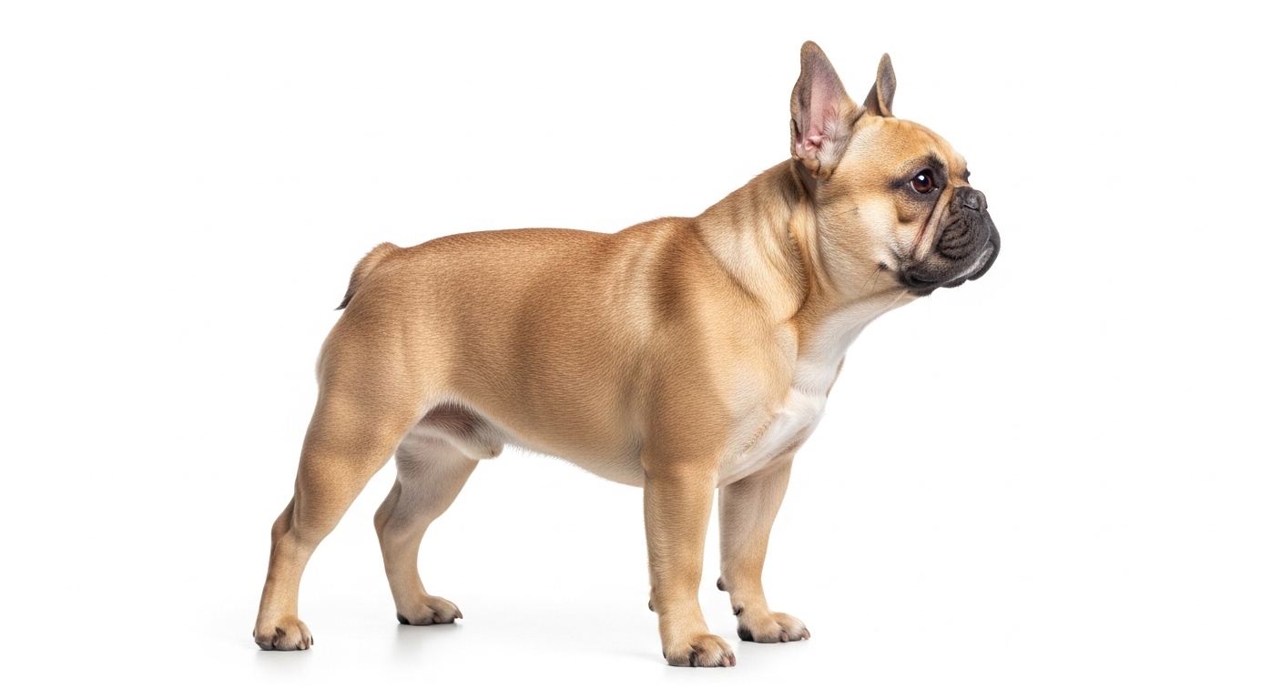 fawn French Bulldog standing in full body profile in bright studio