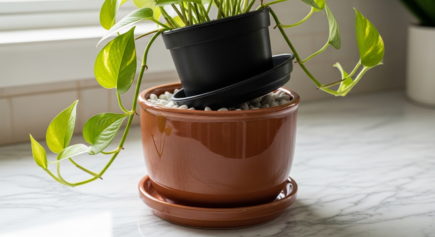 Double-potting setup with nursery pot inside a decorative ceramic cachepot