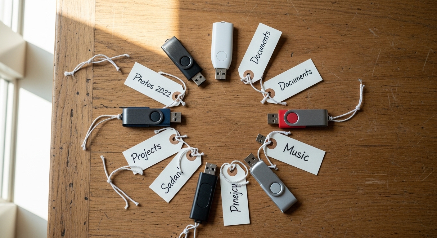 Multiple labeled USB drives arranged on a wooden desk