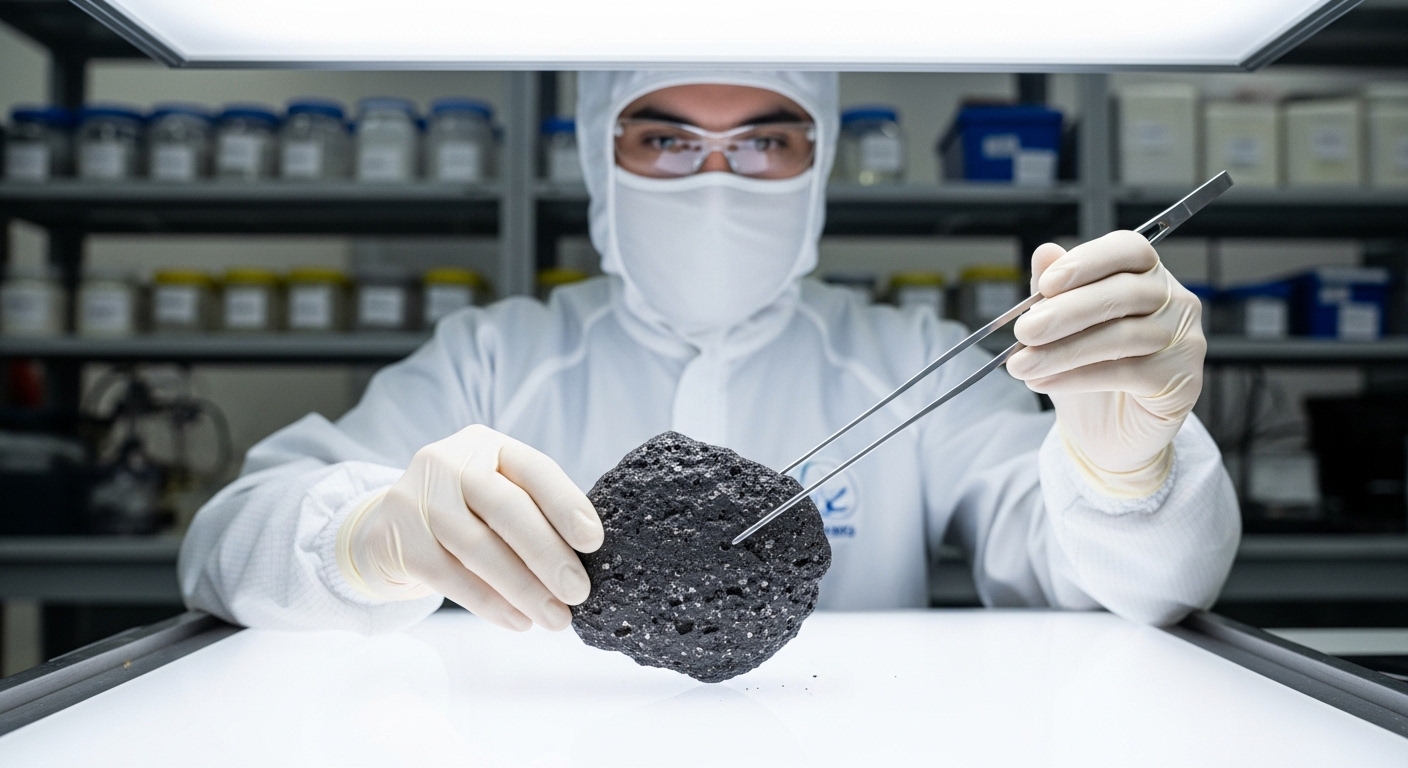 Researcher handling meteorite sample in cleanroom