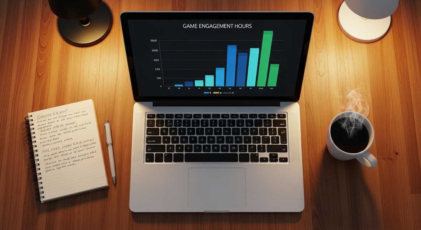 Analyst reviewing game engagement data on laptop