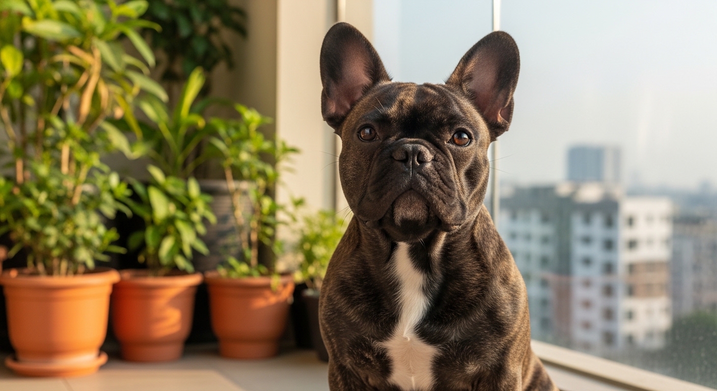 brindle French Bulldog sitting on apartment balcony in morning light