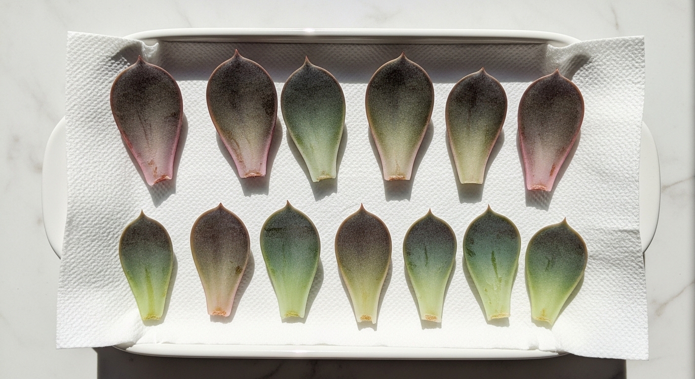 Succulent leaves callusing on a ceramic tray before propagation.