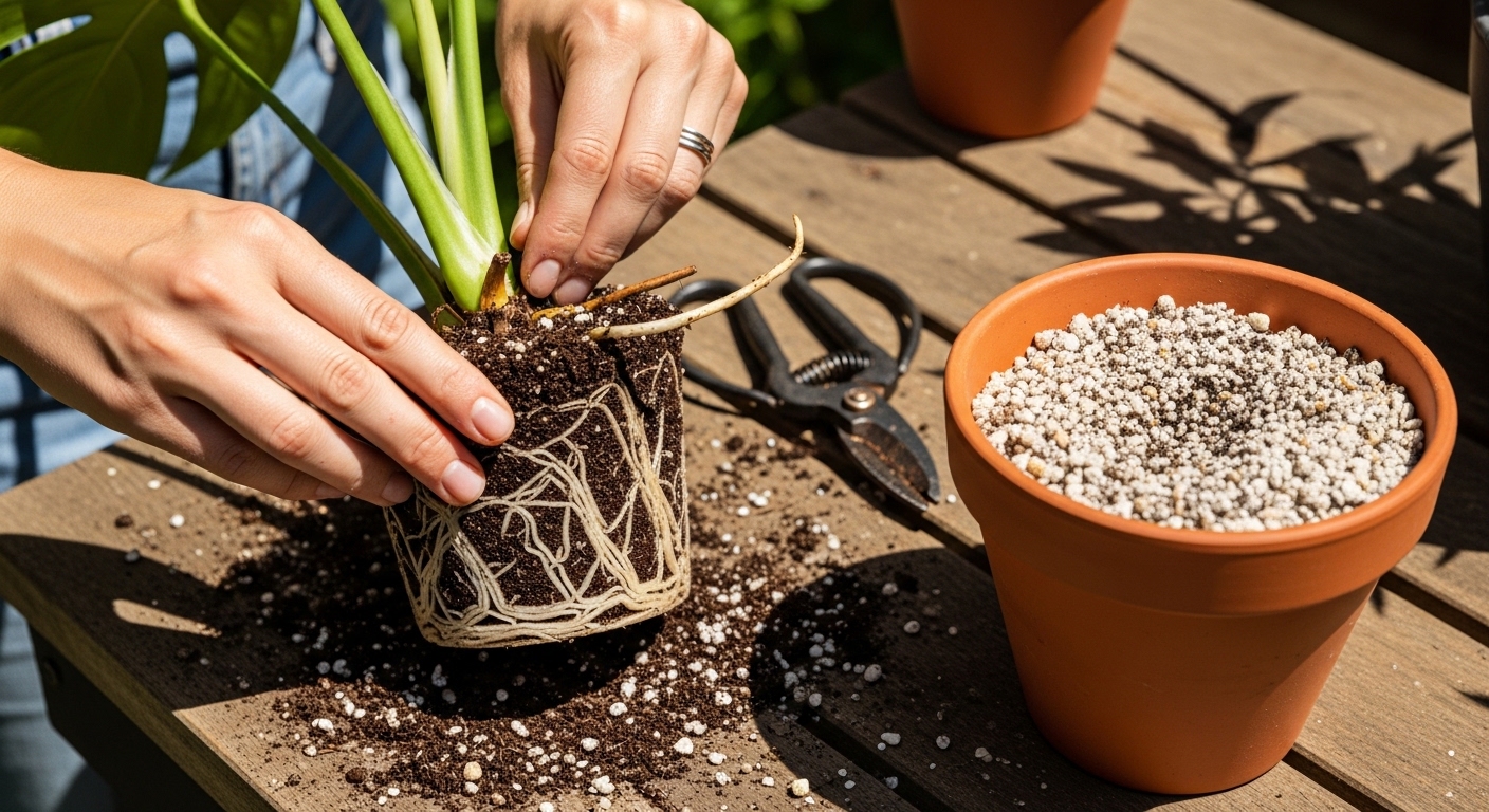 Hands carefully repotting monstera with visible healthy and trimmed roots