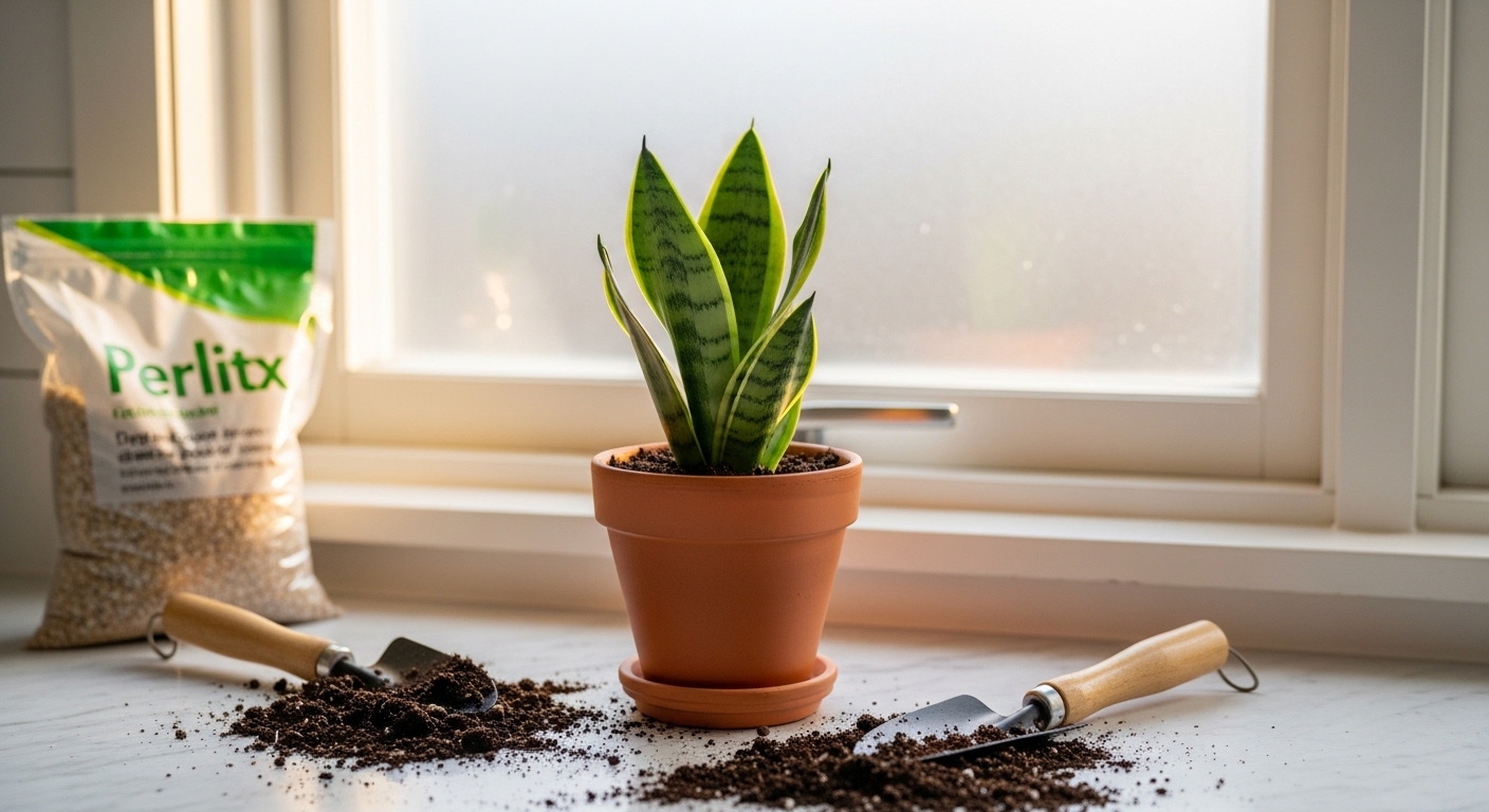 Newly potted snake plant in terracotta pot on bright kitchen windowsill.