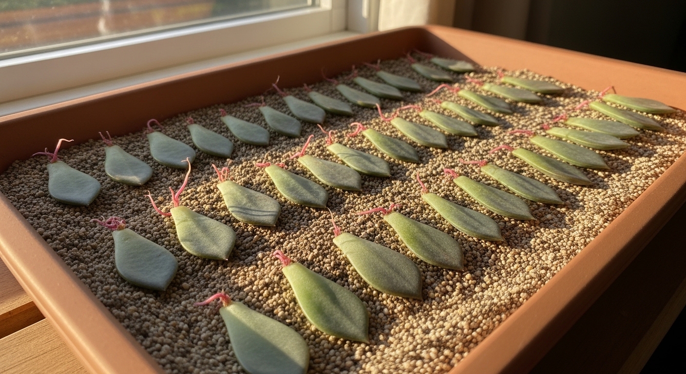 Succulent leaves laid on sandy soil with tiny roots emerging.