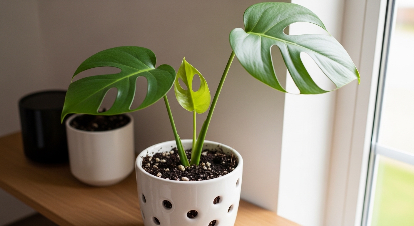 Freshly potted monstera cutting with new leaf emerging