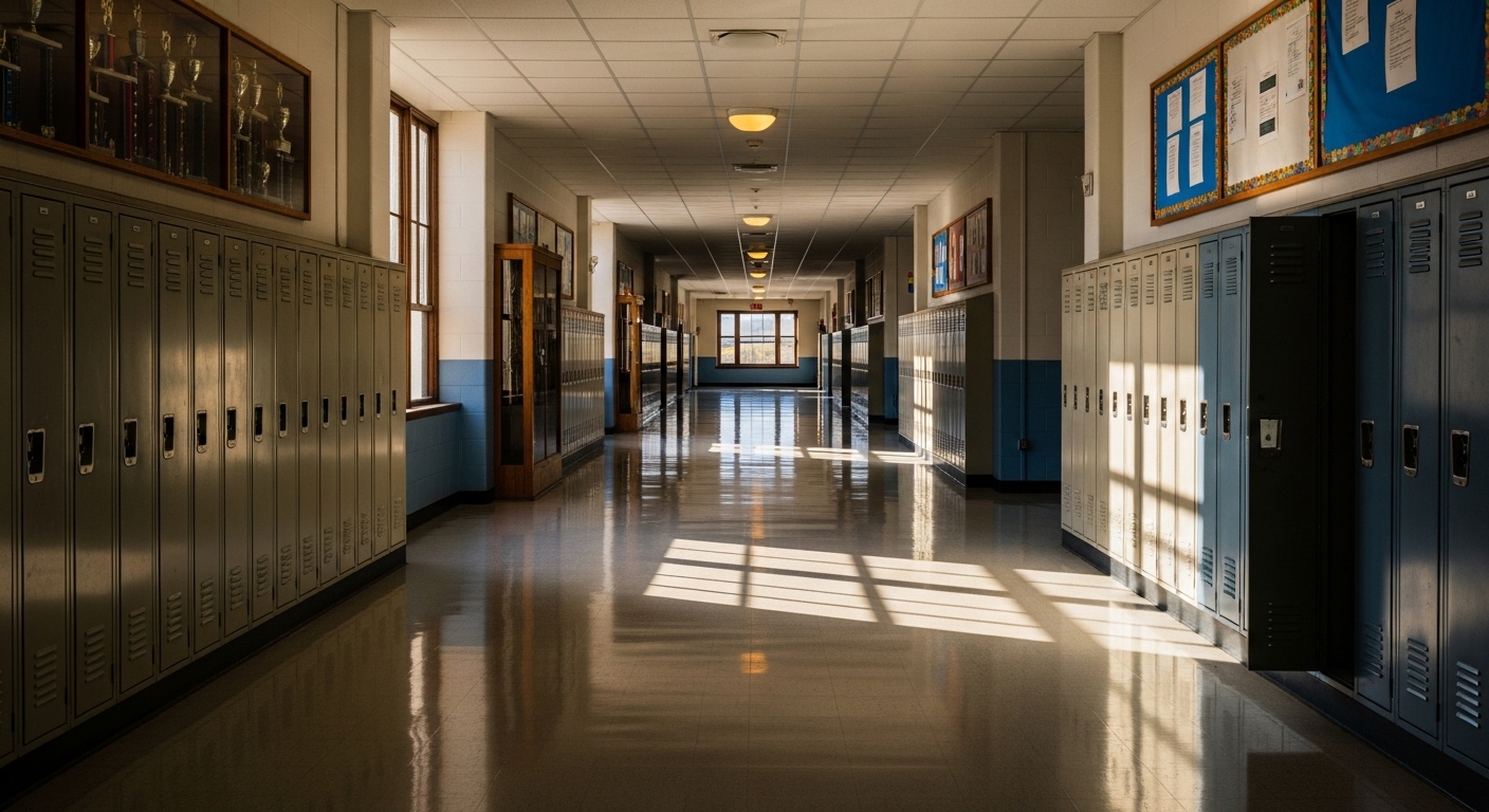 Empty high school hallway in early morning light