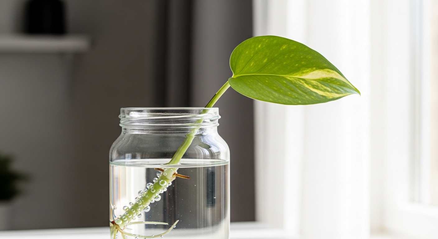 Pothos cutting submerged in clear glass jar on bright windowsill