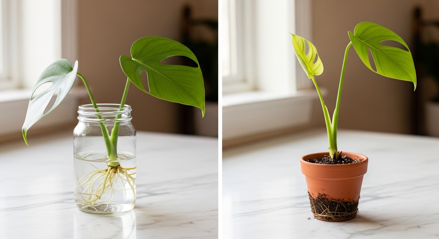 Water-rooted and soil-rooted monstera cuttings side by side