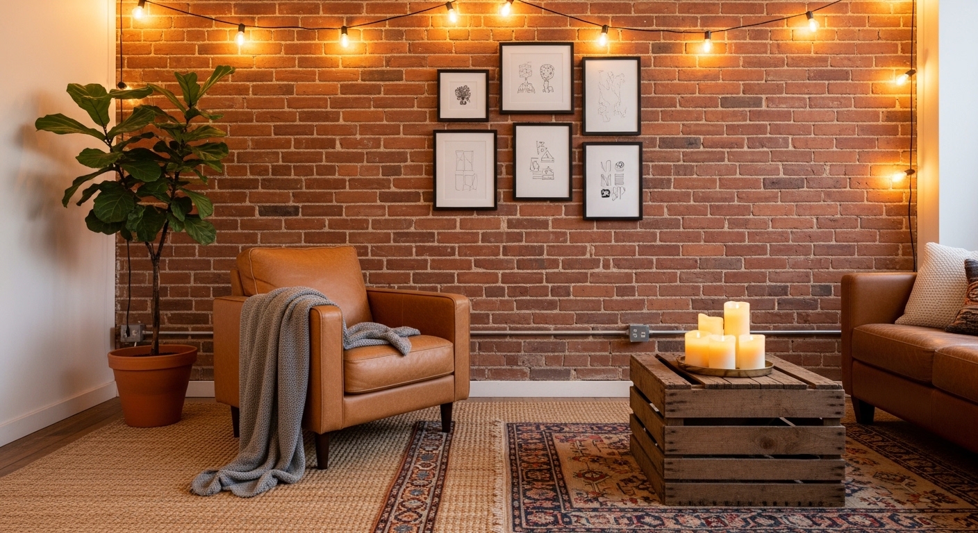 Budget-friendly living room with exposed brick wall and leather armchair.