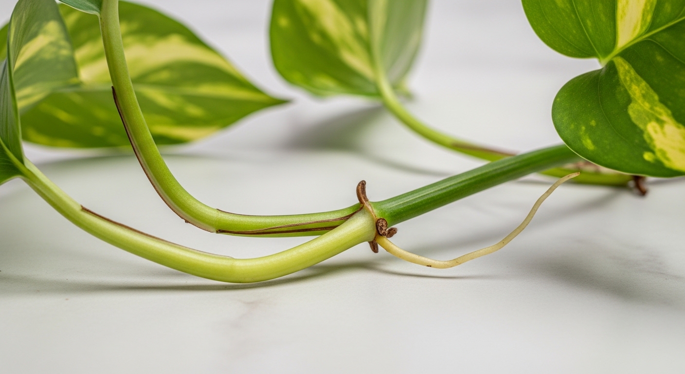 Pothos vine showing visible nodes and emerging aerial root