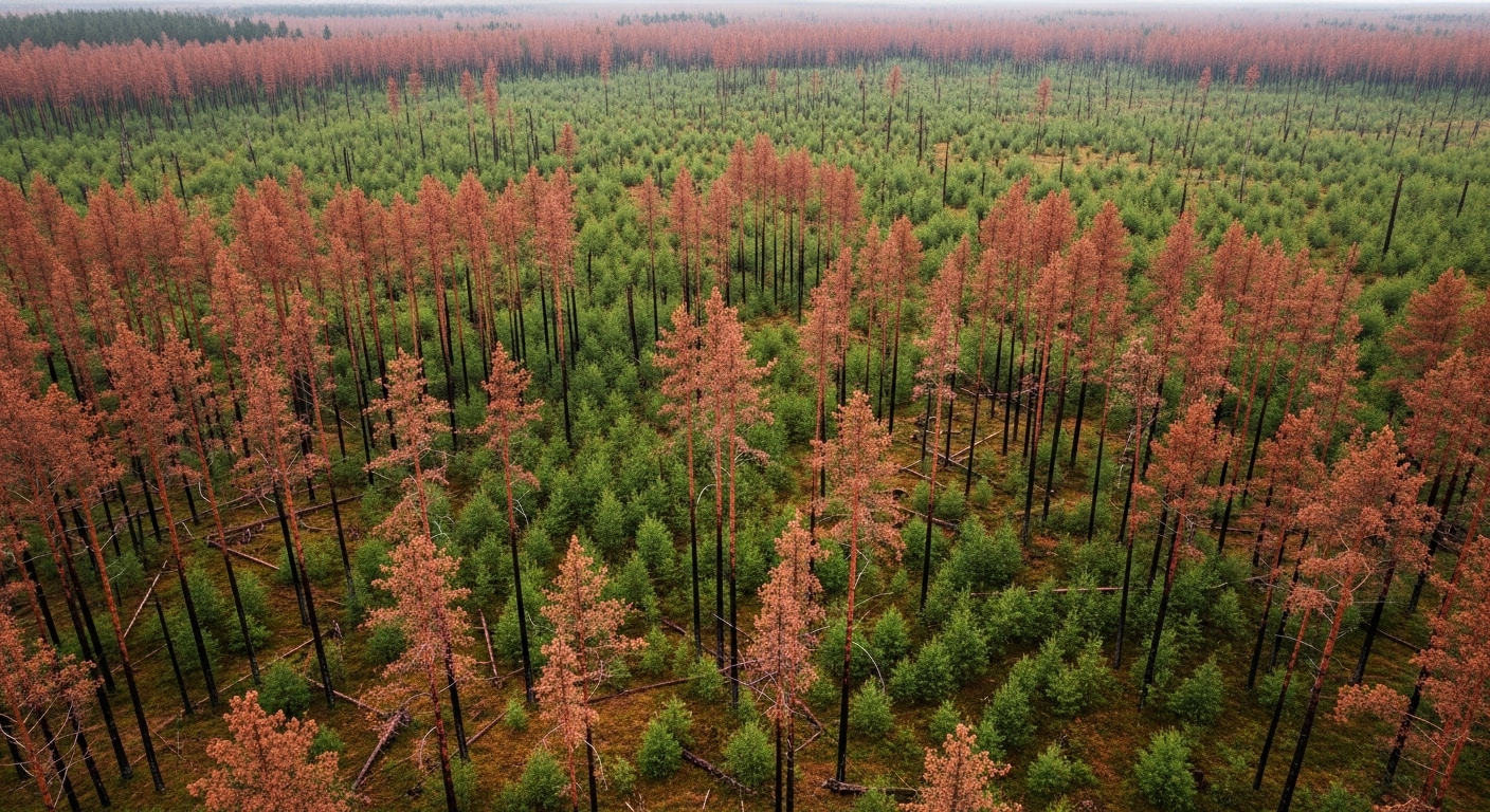 Aerial view of bark beetle damaged pine forest